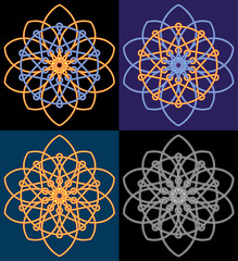 Blue Orange wire knots 10 flower petals mandala. Arabesque logo Vector illustration.