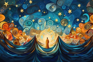 The night sky with stars and a man in the sea. January 8: Feast of the Epiphany.  - obrazy, fototapety, plakaty
