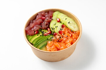 Poke bowl of rice with tuna, salmon and vegetables isolated and centred on a white background