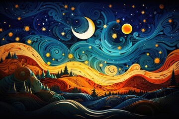 Night landscape with moon and stars. January 8: Feast of the Epiphany. - obrazy, fototapety, plakaty