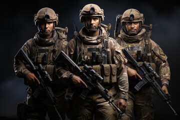 Several modern soldiers fully equipped facing the camera in dark environment