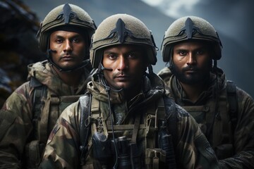Portrait of Indian army soldiers in the gears and uniform. 