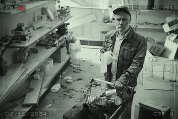 Sad man doing grocery shopping in a destroyed supermarket