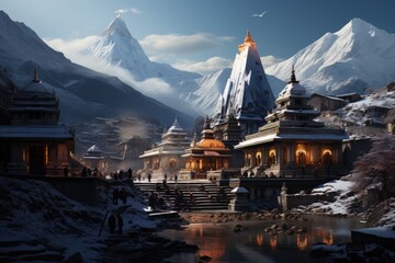 Snowy Hindu temple in the Himalayas in a snow valley