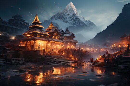 An evening prayer is being performed in Hindu temple, atmosphere lit up with flames of worship, snow mountains in the background