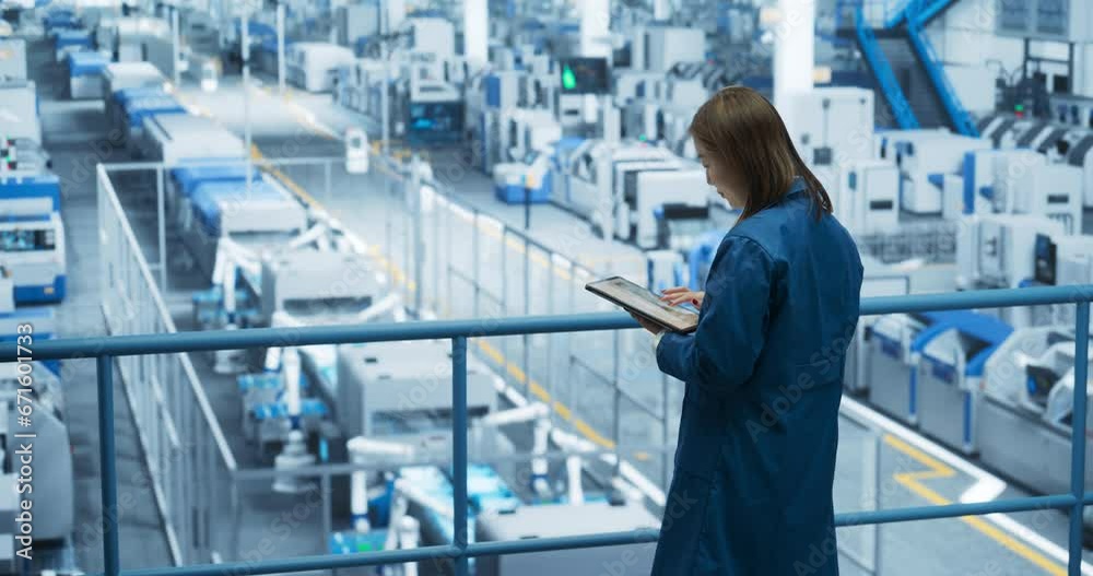 Poster Japanese Factory Manager Working on a Tablet at a Futuristic Industrial Manufacture with Autonomous AI Robots. Specialist Monitoring All the Data on a Device, Checking Reports and Planning Research