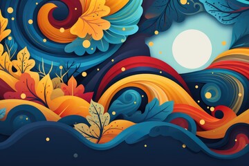Colorful abstract background with moon and clouds, waves and leaves