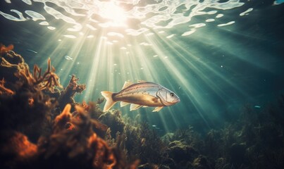 Underwater view of a fish swimming in the ocean with sun rays