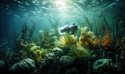 Fototapeta na wymiar Underwater photo of the underwater world with corals and seaweed Underwater camera