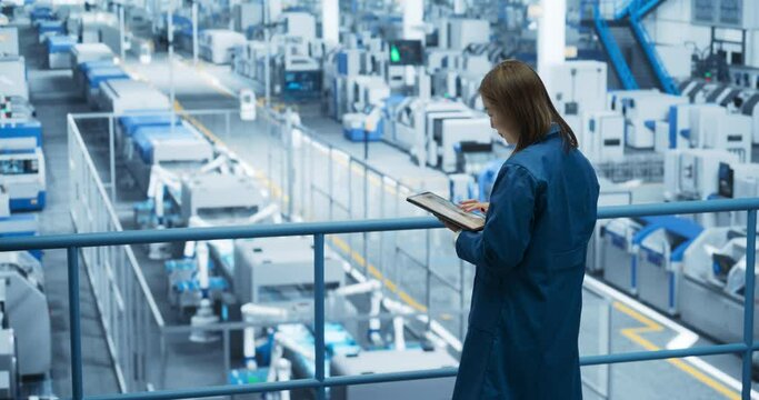 Japanese Factory Manager Working on a Tablet at a Futuristic Industrial Manufacture with Autonomous AI Robots. Specialist Monitoring All the Data on a Device, Checking Reports and Planning Research