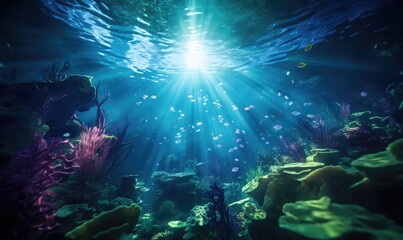 Fototapeta na wymiar Underwater view of a tropical coral reef with fishes and rays of light