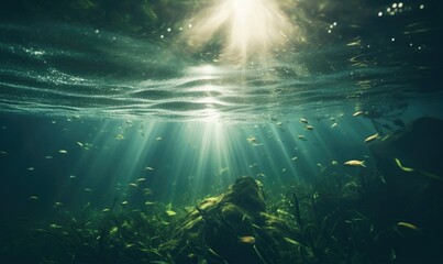 Underwater view of a tropical coral reef with fishes and rays of light