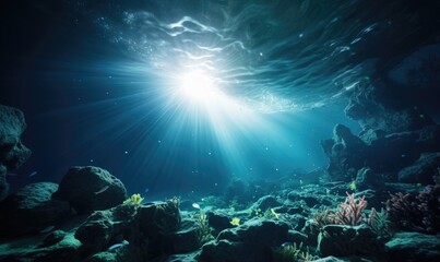 Obraz na płótnie Canvas Underwater view of a tropical coral reef with fishes and rays of light