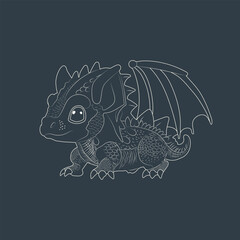 Fototapeta premium Little dragon white stroke sketch isolated on dark background. Vector illustration.