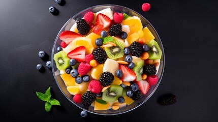 An overhead shot of a fruit salad, highlighting the medley of colors and textures, served in a clear glass bowl on a white table.