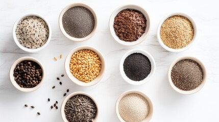 An overhead shot of assorted dried seeds, like flax, sesame, and chia, in individual bowls on a bright white tableau.