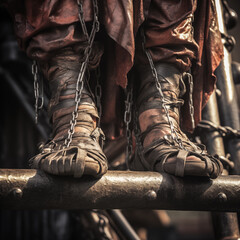 Closeup of dirty legs of a shackled prisoner in the Roman Empire