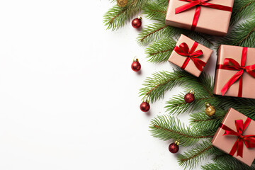 White Christmas background with fir branches, gift and christmas ornament 