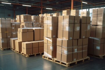 Parcels on pallets ready for transport inside a warehouse hangar. Retail company logistics with labeled boxes. Generative AI