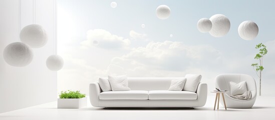 Illustration of a white living room in zero gravity