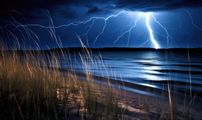 Lightning strike over the sea at stormy night. Nature background