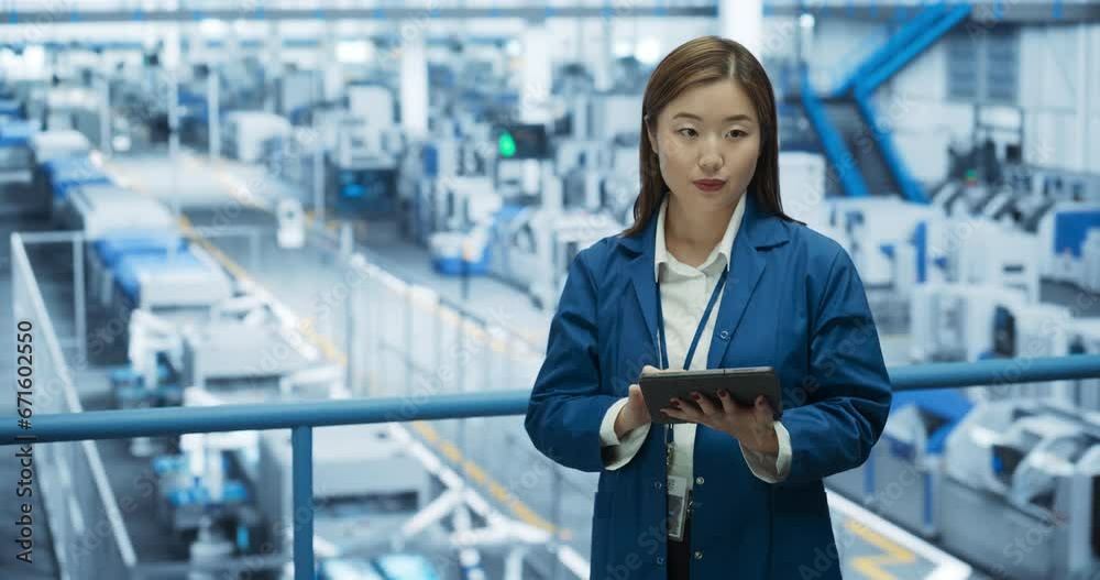 Poster Portrait of a Beautiful Japanese Engineer Using Tablet Computer and Looking Around a Factory Facility with Equipment Producing Modern Electronic Components for Different Industries