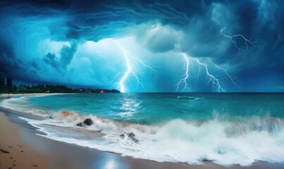Lightning strikes the shore of the sea at night. Nature background