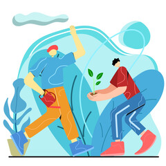 two people plant Trees flat vector illustration colorful hand drawn abstract
