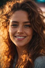 Portrait of a beautiful young woman with freckles on her face in warm lighting.