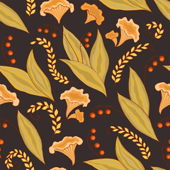 Seamless pattern autumn print with chanterelle mushrooms and lily of the valley berries. Endless texture for textile, announcements, postcards, invitations, posters, banners, fabric, paper.
