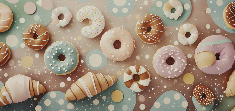 illustrazione con sfondo di deliziose e golose ciambelle guarnite e brioches