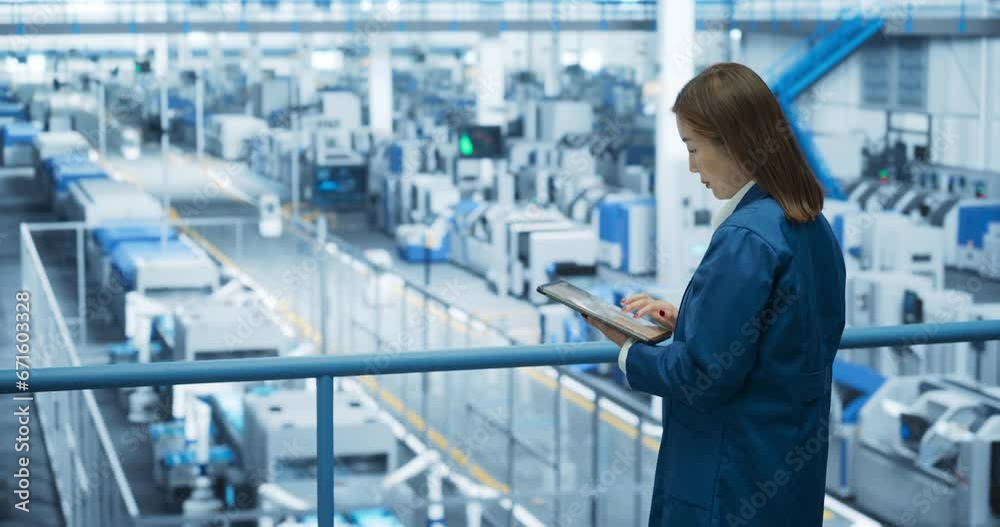 Poster young asian female engineer standing on a platform, using tablet computer at an electronics factory.