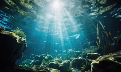 Foto op Aluminium Underwater view of coral reef with fish and rays of sunlight. © TheoTheWizard