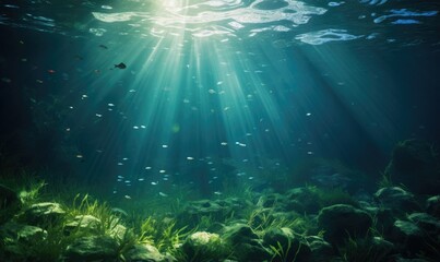 Underwater view of coral reef with fish and rays of sunlight.