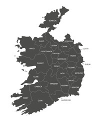 Vector map of Ireland with counties and administrative divisions. Editable and clearly labeled layers.