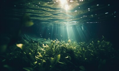 Obraz premium Underwater view of coral reef with fish and rays of sunlight.