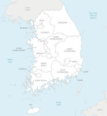 Vector map of South Korea with provinces, metropolitan cities and administrative divisions, and neighbouring countries. Editable and clearly labeled layers. - obrazy, fototapety, plakaty