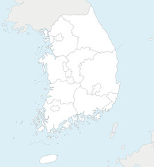 Vector blank map of South Korea with provinces, metropolitan cities and administrative divisions, and neighbouring countries. Editable and clearly labeled layers.
