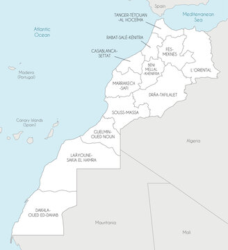 Vector map of Morocco with regions and administrative divisions, and neighbouring countries. Editable and clearly labeled layers.