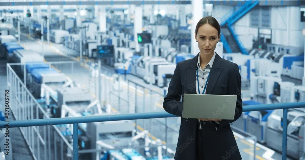 Aufkleber Portrait of a Caucasian Female Engineer Using Laptop Computer and Looking Around a Factory Facility with Robotic Arms Producing Modern Electronic Components for Tech Industries