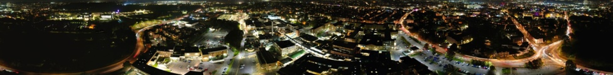 Gorgeous High Angle View of Illuminated British City at Just After Sunset