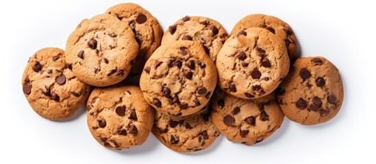 Top view of a stack of tasty chocolate chip cookies on a white background