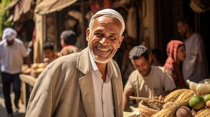 happy smiling middle age Middle East man at old city market, Generative Ai