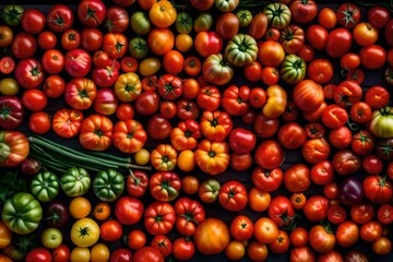 A vibrant farmer's market stand brimming with vibrant heirloom tomatoes 