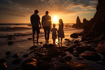 happy lgbt gay family travel together with son and daughter , family walking together at sea shore, Generative Ai
