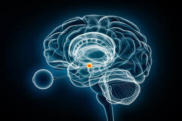 Cerebral amygdala profile x-ray view 3D rendering illustration. Human brain and limbic system anatomy, medical, healthcare, biology, science, neuroscience, neurology concepts. - obrazy, fototapety, plakaty