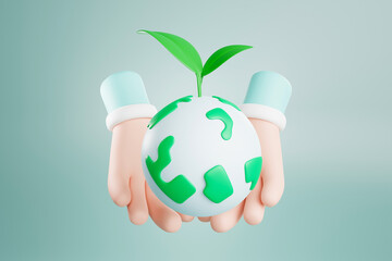 3D rendering Cute cartoon hand holding the earth