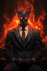 Fotobehang man businessman devil Satan Lucifer demon with horns in suit on a background of fire. Cover for the novel's book © alexkoral