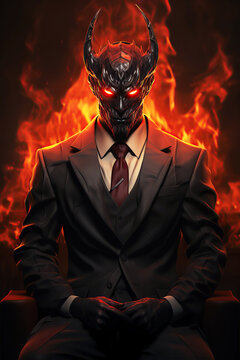 man businessman devil Satan Lucifer demon with horns in suit on a background of fire. Cover for the novel's book