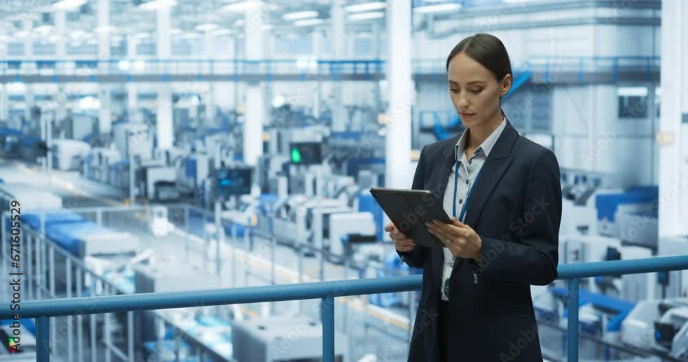 Poster Thoughtful Female Engineer Monitoring and Analyzing Conditions at a Modern Tech Electronics Factory with Automated Robot Arms Working with the Help of Artificial Intelligence Software